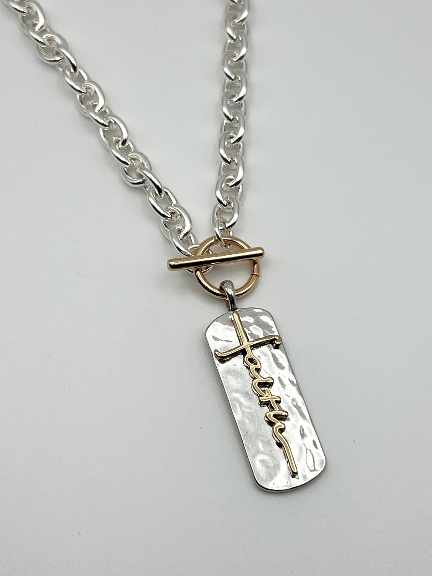 Hammered Faith Pendant Two Tone Necklace