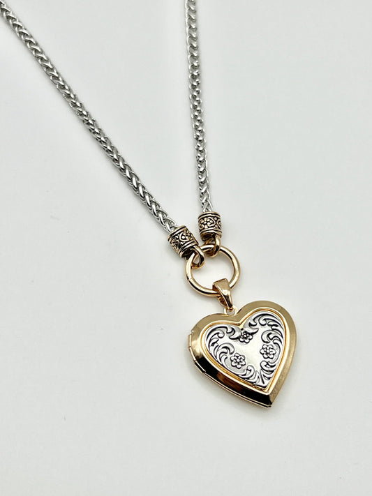 Heart Locket Pendant Two Tone Necklace